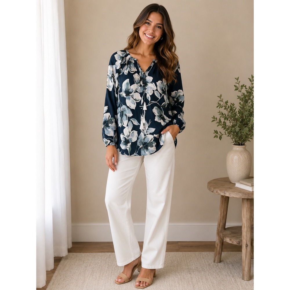 Elie Tahari Navy Blue Floral Tassel Tie Neck Long Sleeve Blouse Womens Medium